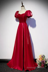 Burgundy Satin Long Prom Dress, Simple A-Line Evening Dress